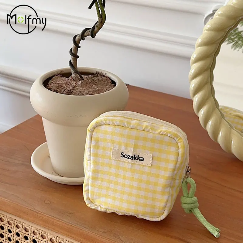 Plaid Mini Cosmetic Bag for Makeup Candy Color Make Up Sanitary Napkin Storage Bags Cotton Cloth SmallItem Bag Student Pouch Sac