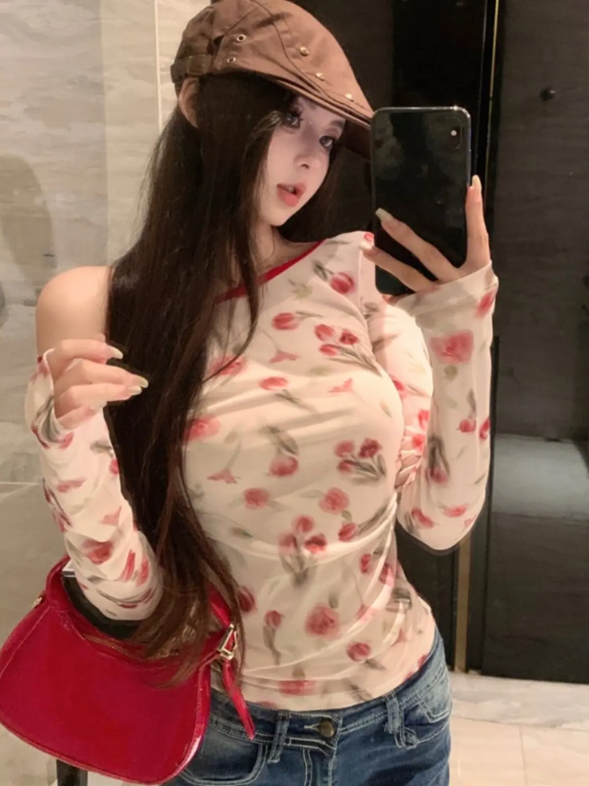Sexy Spicy Girl Long Sleeve Backless T-Shirt Women's Spring Summer New Pure Desire Slim Fit Rose Print Top Women's Fashion