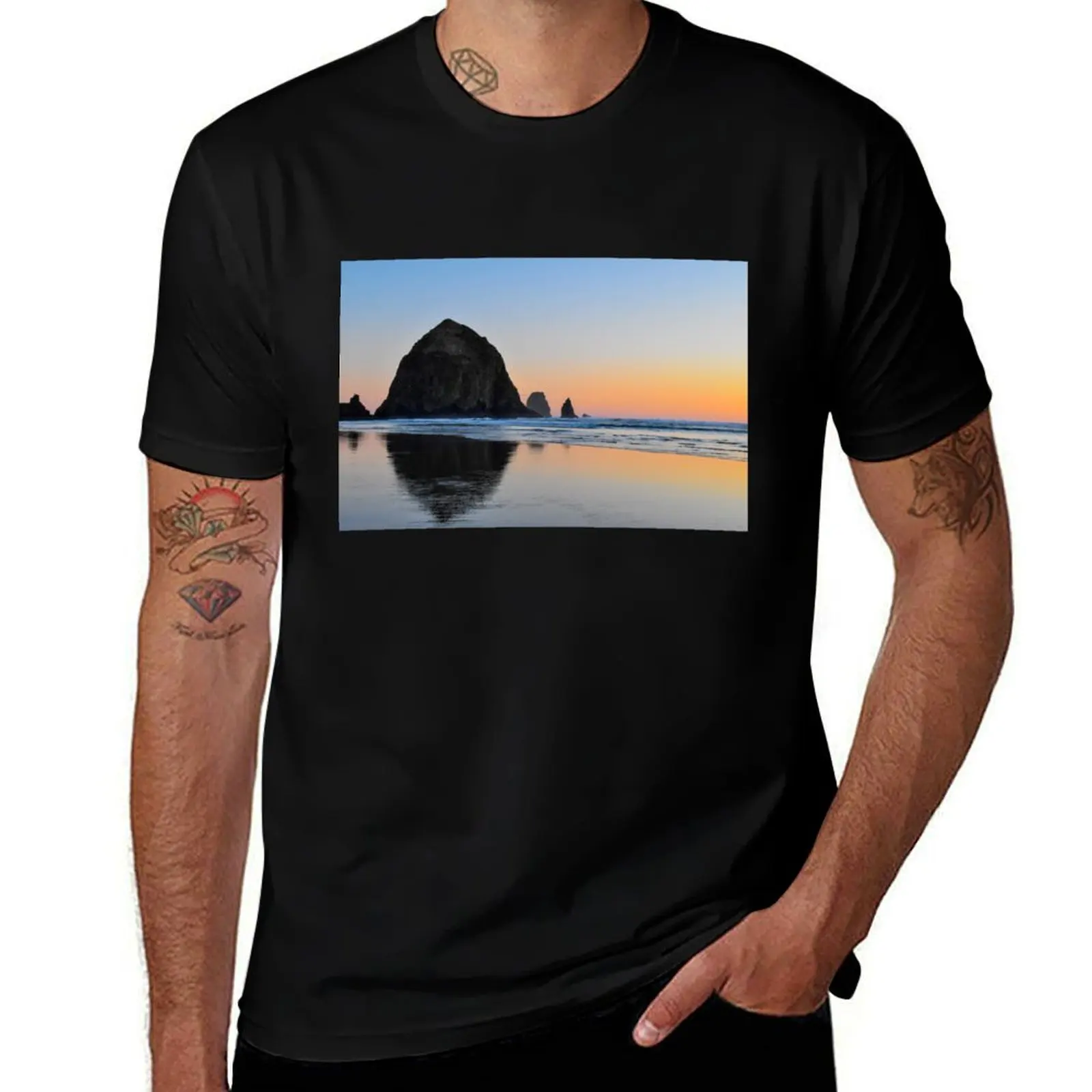 Haystack Rock on Cannon Beach T-Shirt Fashion Pattern Printed Tee Shirt T-Shirt