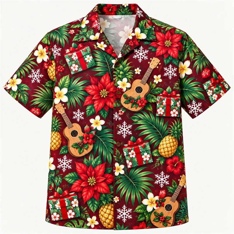 Mens Tropical Christmas Hawaiian Shirt Palm Tree Floral Aloha Shirt 3D Printed Beach Shirt Short Sleeve Holiday Vacation Top