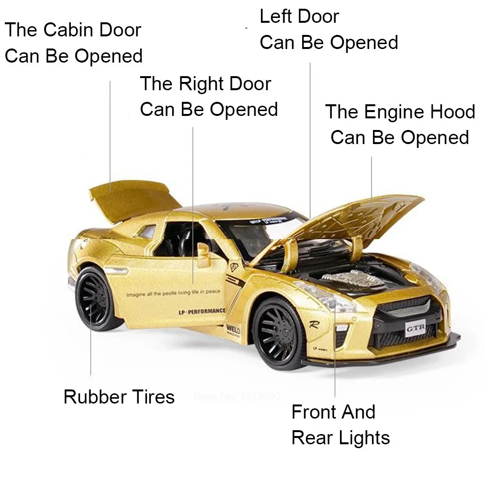 1/32 Schaal Legering Diecast Nissan GTR Sport Auto Model Speelgoed Deuren Opend Pull Back Geluid Muziek Miniatuur Voertuig Kid Geschenken Collectie