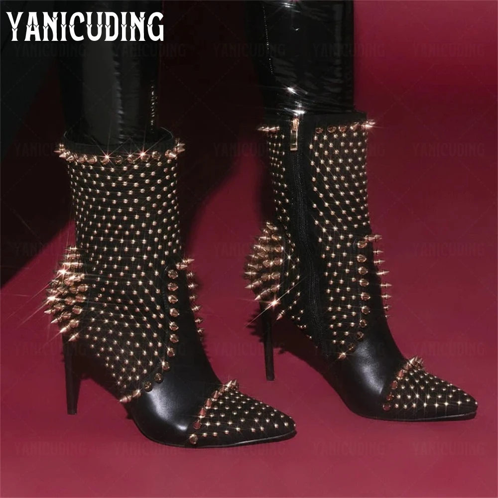 

Ultra-Luxe Mid Calf Stiletto Boots Gold Silver Studded Glossy PU Leather Stiletto Heel Ankle Boots Sexy Punk Style Women's Boots