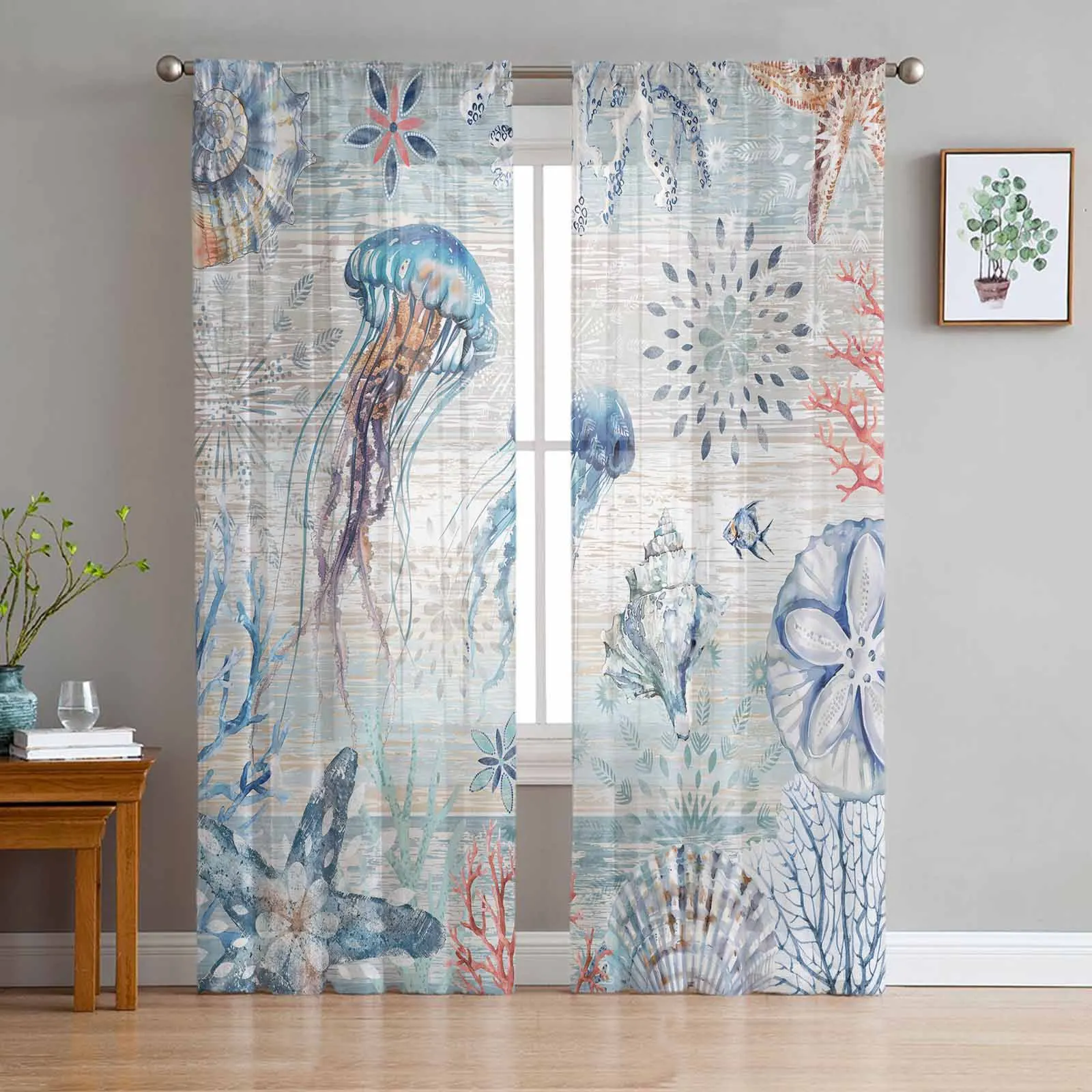 Marine Coral Conch Vintage Blue Wooden Jellyfish Sheer Curtains for Bedroom Living Room Voile Window Curtains Tulle Drapes