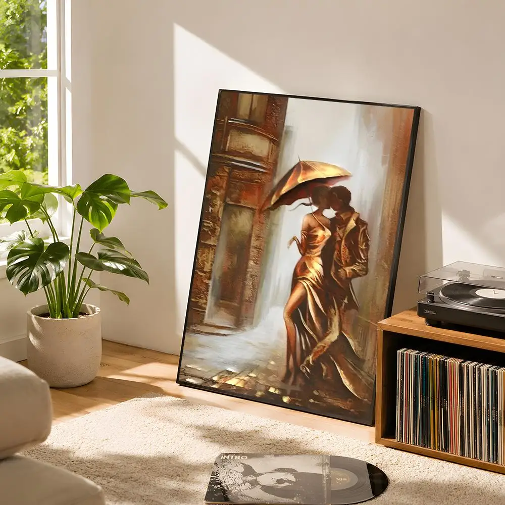 Golden Vintage Beauty Romantic Love Couple Art Poster Nordic Style Self Adhesive Matte Finish Removable Wall Decor for Home Room