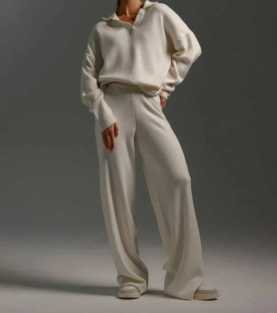 Setelan pakaian rajut wanita, setelan 2 potong tebal, Sweater Polo leher & celana kaki lebar, pakaian rajut 2024