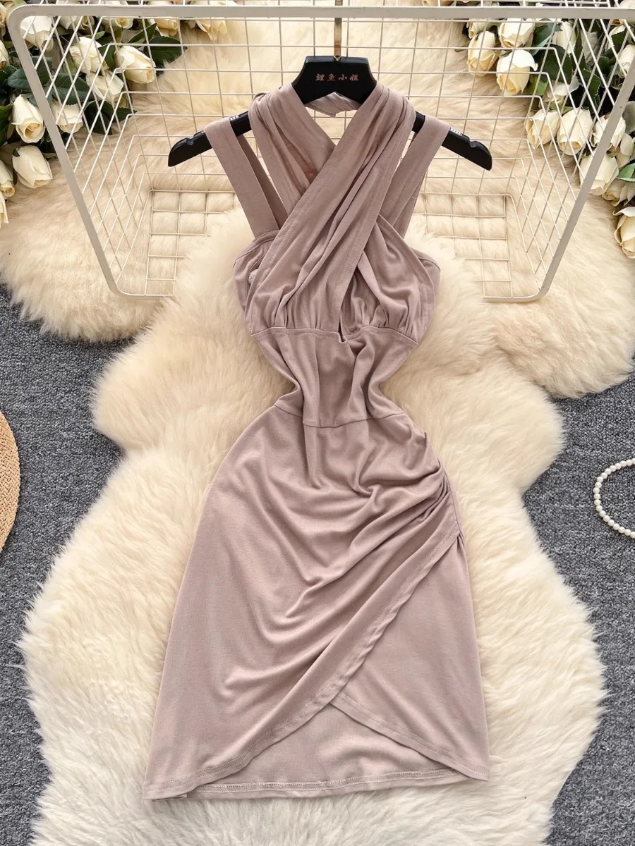 Foamlina moda única recorte cruz pescoço deslizamento vestido feminino puro desejo sexy tempero menina bodycon mini envoltório vestidos magros