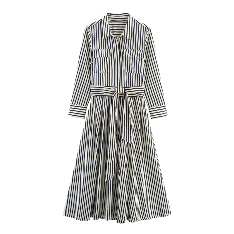 Women's Dress New Summer 2025 Striped Long Sleeve Shirt Style A-Hem Dress Long Skirt Belt Decoration Casual Fashion