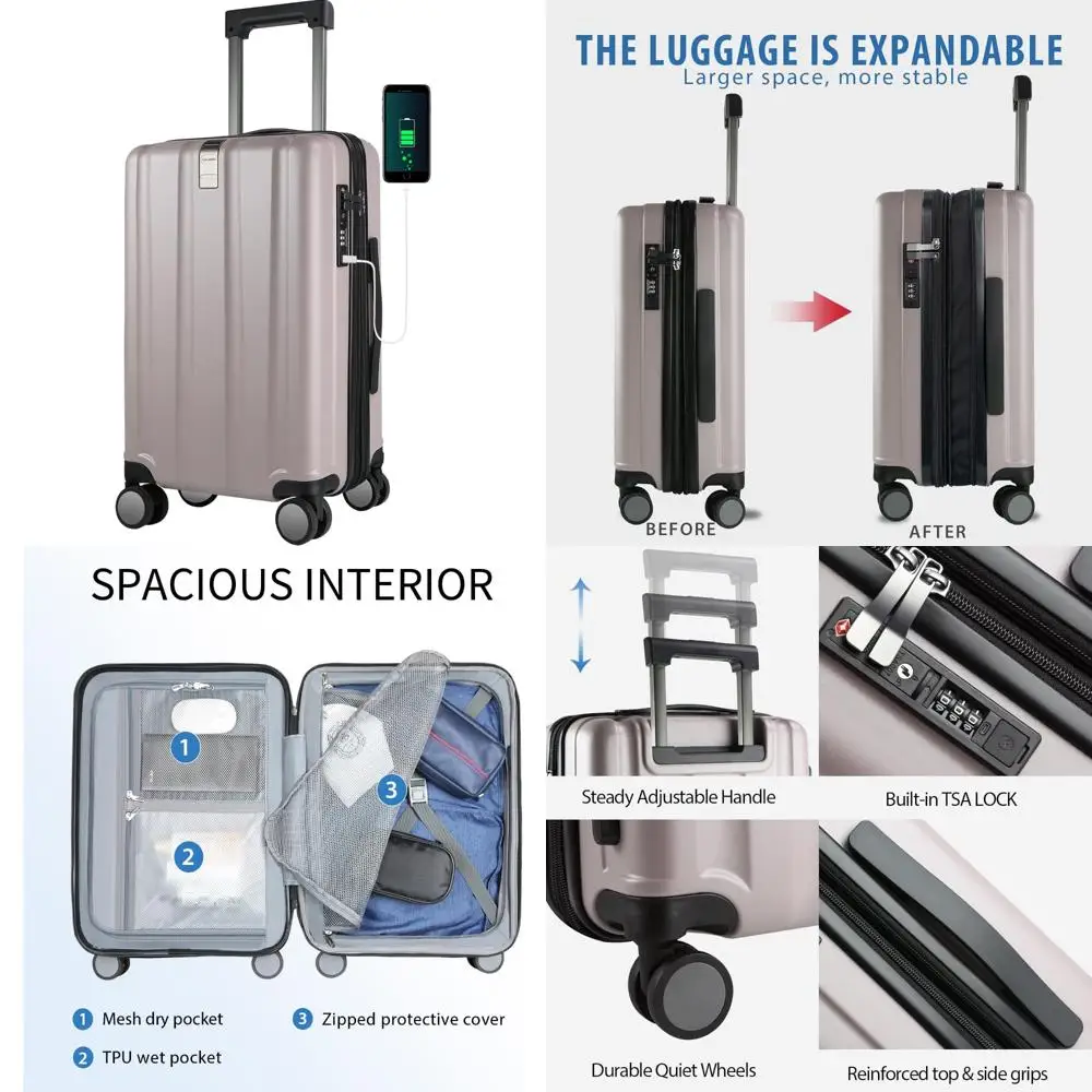 

Расширяемая ручная кладь KROSER с твердой поверхностью, вращающимися колесами и встроенным замком TSA, прочный чемодан на колесиках с USB P