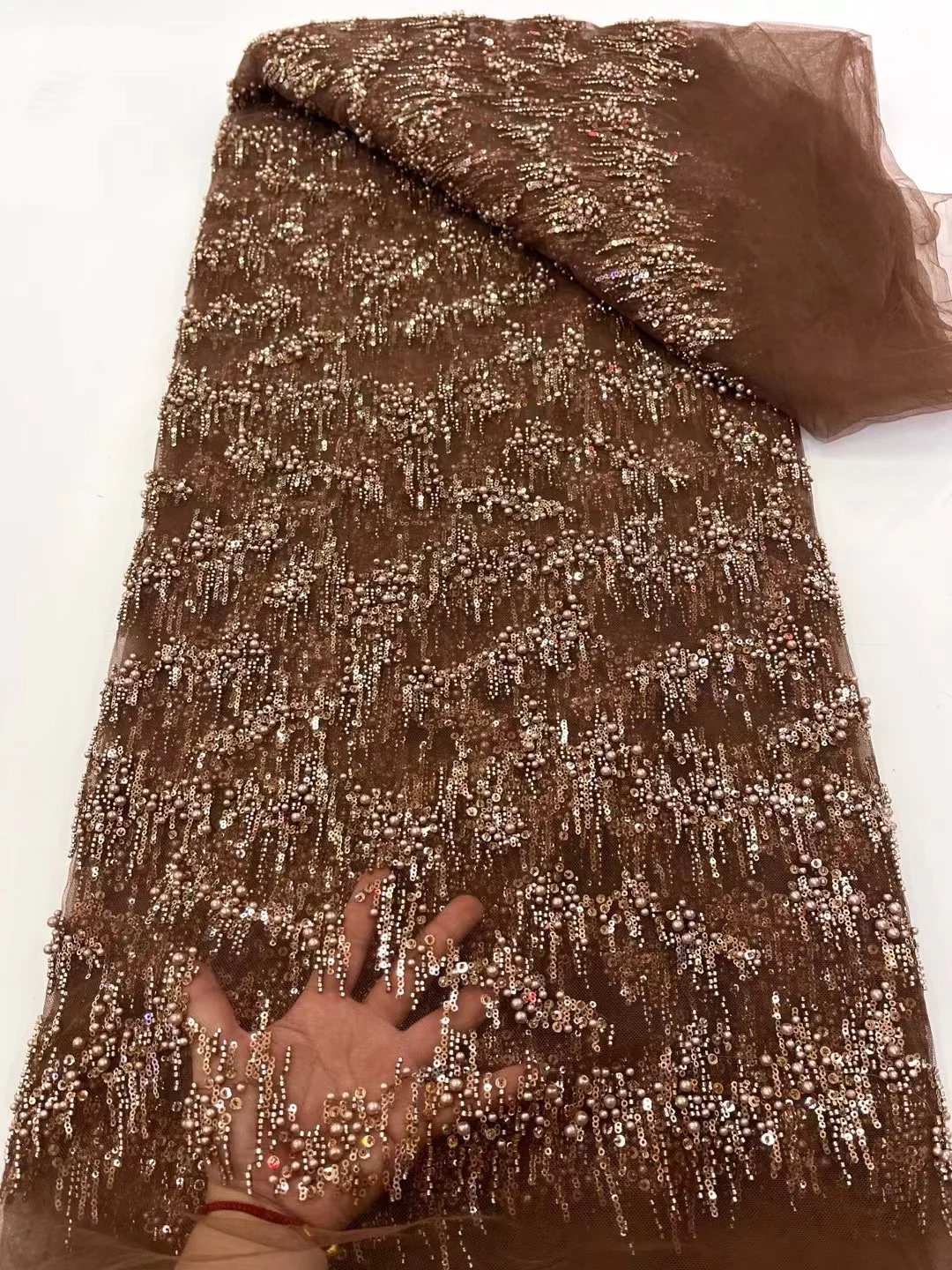 

Роскошное африканское кружевное платье для жениха кофейного цвета, высокое качество, 20225, вышивка французскими бусинами, тюлевое кружево, нигерийское свадебное платье