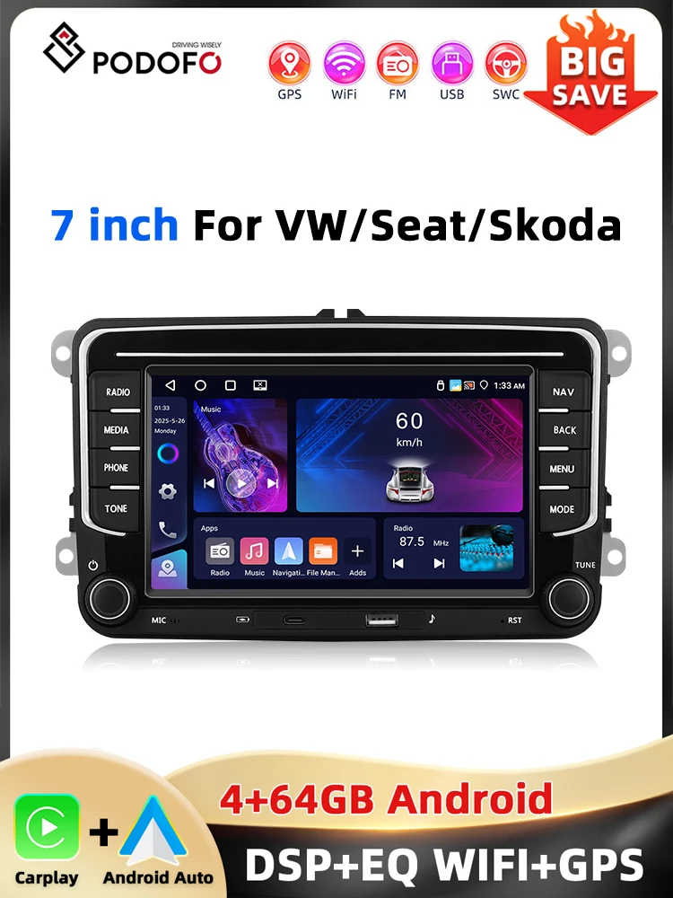 Podofo 7 ''4 + 64G Autoradio Voor VW/MAGOTAN/PASSAT/CADDY/POLO Multimedia Speler WIFI Carplay Android Auto EQ GPS Type-C Auto Stereo - afbeelding 2