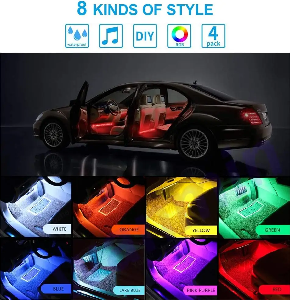 Led-interieur autolichten, controller led-verlichting voor auto's, veelkleurige muziek-Underglow-verlichtingssets met draadloze bediening en geluid