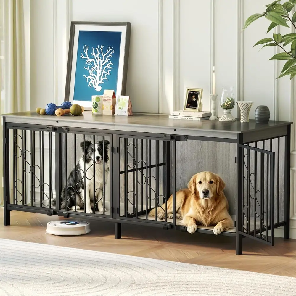 

71 Inch Double Dog Crate, Sturdy Wooden Kennel for Two Dogs, Elevated TV Stand for Medium to Large Dogs, Gray