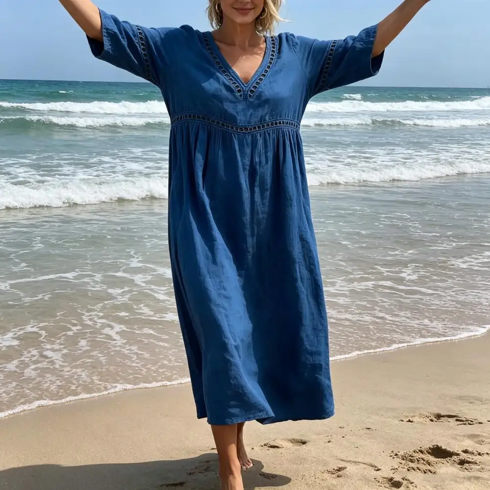 Summer Beachwear Linen Dress for Women, Casual Beach A-Line Flowy Sundress, Short Sleeve V Neck Hollow Eyelets Long Dress view 5