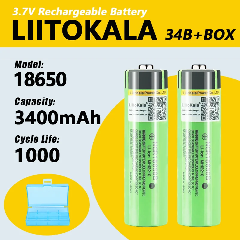 1-30pcs LiitoKala 34B-JT NCR18650B 3.7v 3400 mAh 18650 Lithium Rechargeable Battery with Pointed (No PCB) batteries + 18650 box