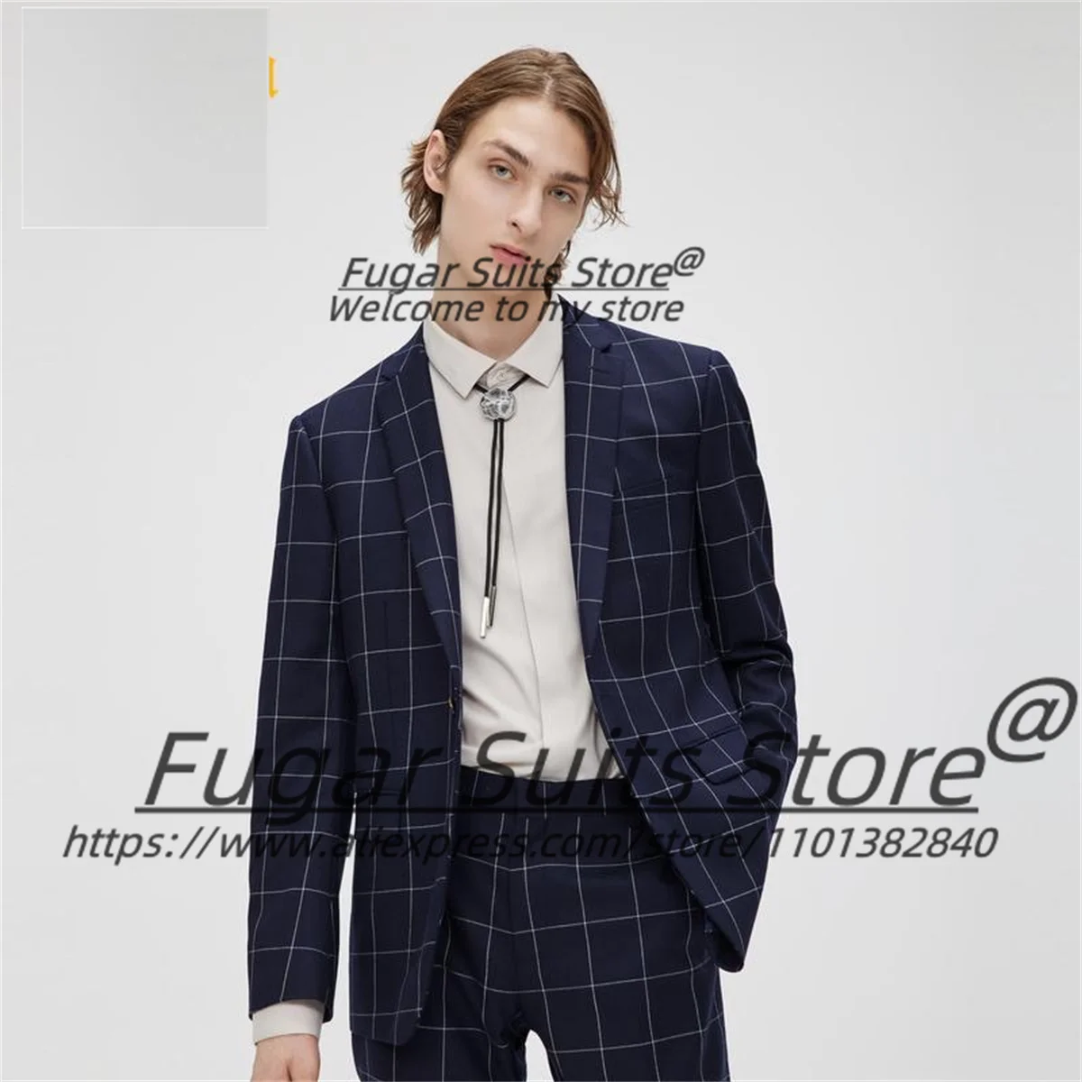 

Business Navy Blue Plaid Men Suits Customized Size Slim Fit Groom Prom Tuxedos 2Pieces Sets Male Blazers Office Work Ropa Hombre