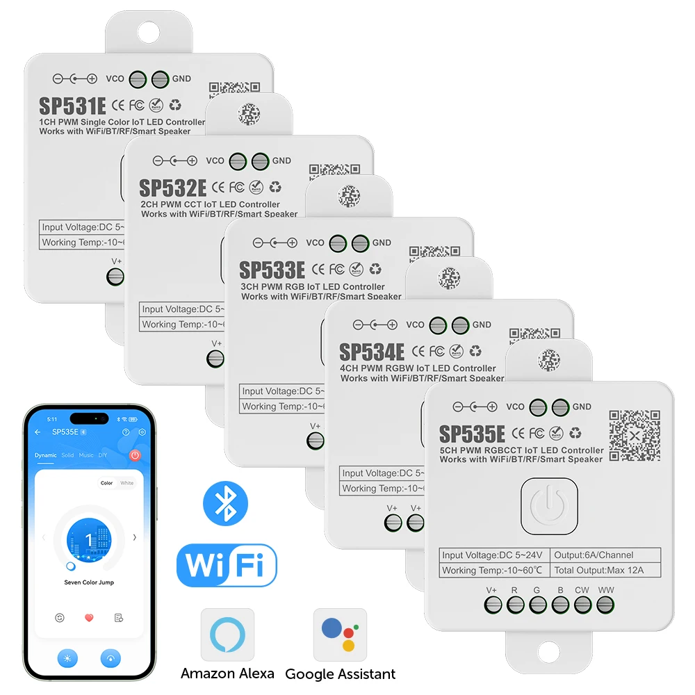 SP531E-SP535E LED Controller Wifi Alexa Google Home BT 5CH PWM Music 5050 FCOB DIM CCT RGB RGBW RGBCCT LED Light Strip DC5V-24V