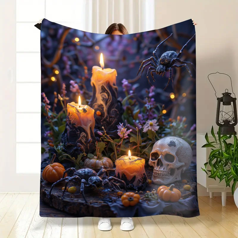 Couverture en flanelle douce et légère pour toutes saisons, couverture confortable pour bébé sur le thème d'halloween avec bougies effrayantes, Design tête de mort et araignée