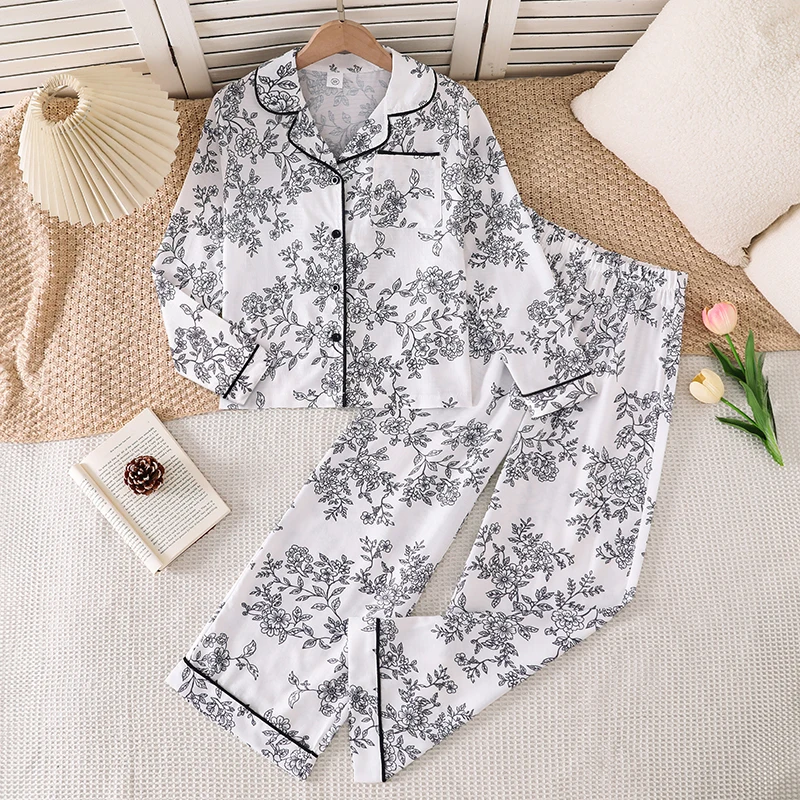 

Girls 8‑12 spring autumn two‑piece pajama set, black floral print lapel long sleeve outfit, soft comfy for daily home wear