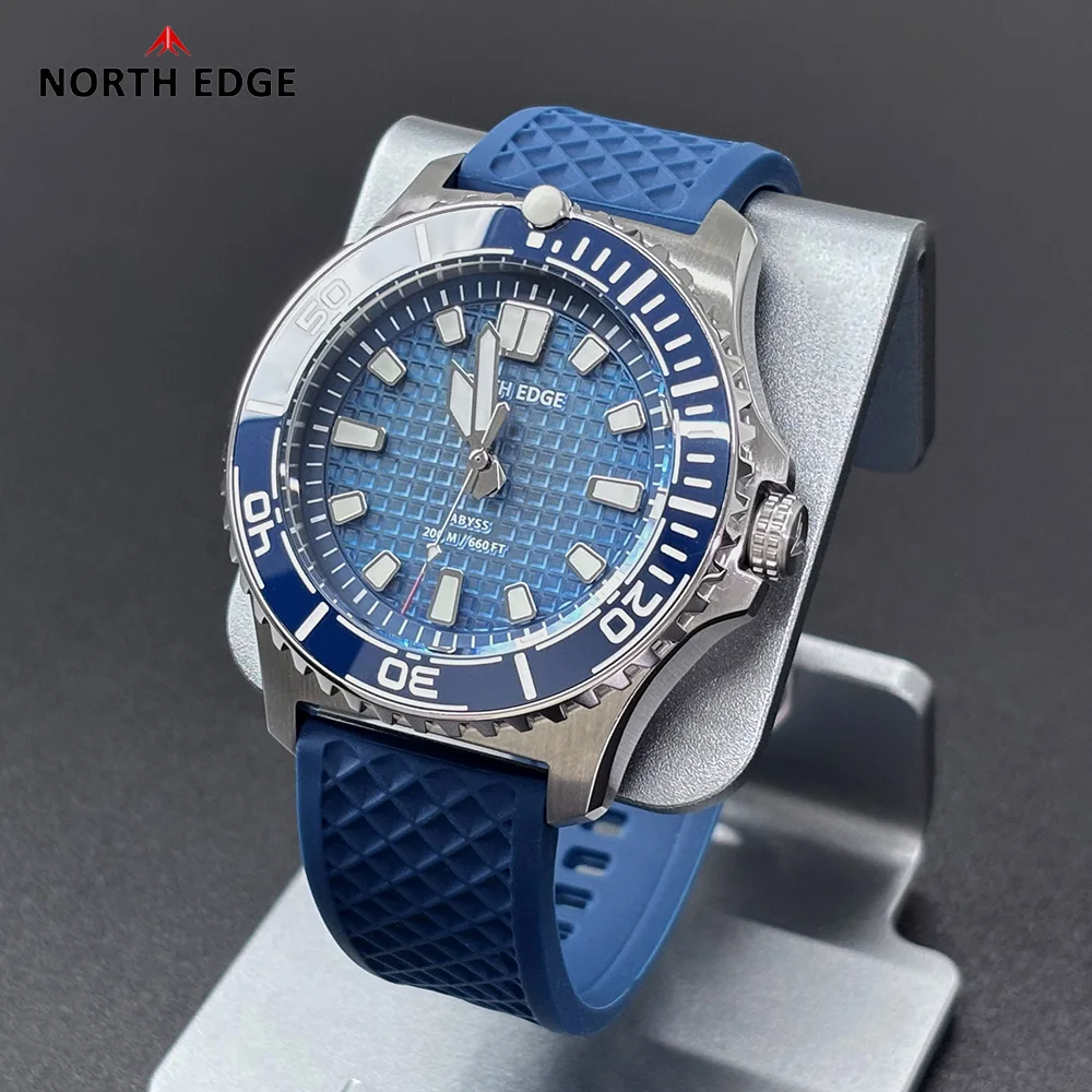 NORTH EDGE ABYSS Men Solar Diving Quartz Watch 200M Waterproof Sports Dive Wristwatch 316L Stainless Steel Case 180+ Days Power