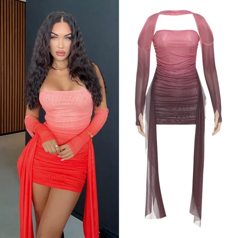 

Elegant Mesh Strapless Mini Dress With Tassel Detail And Matching Long Gloves, Bodycon Style For Evening Party Or Clubwear Look