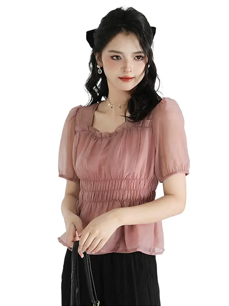 

Casual Women's Shirt Fashion Elegant Curved Neck Bubble Sleeve Tops Harajuku Street Blouses Summer Lyocell Solid Plus Size Tops