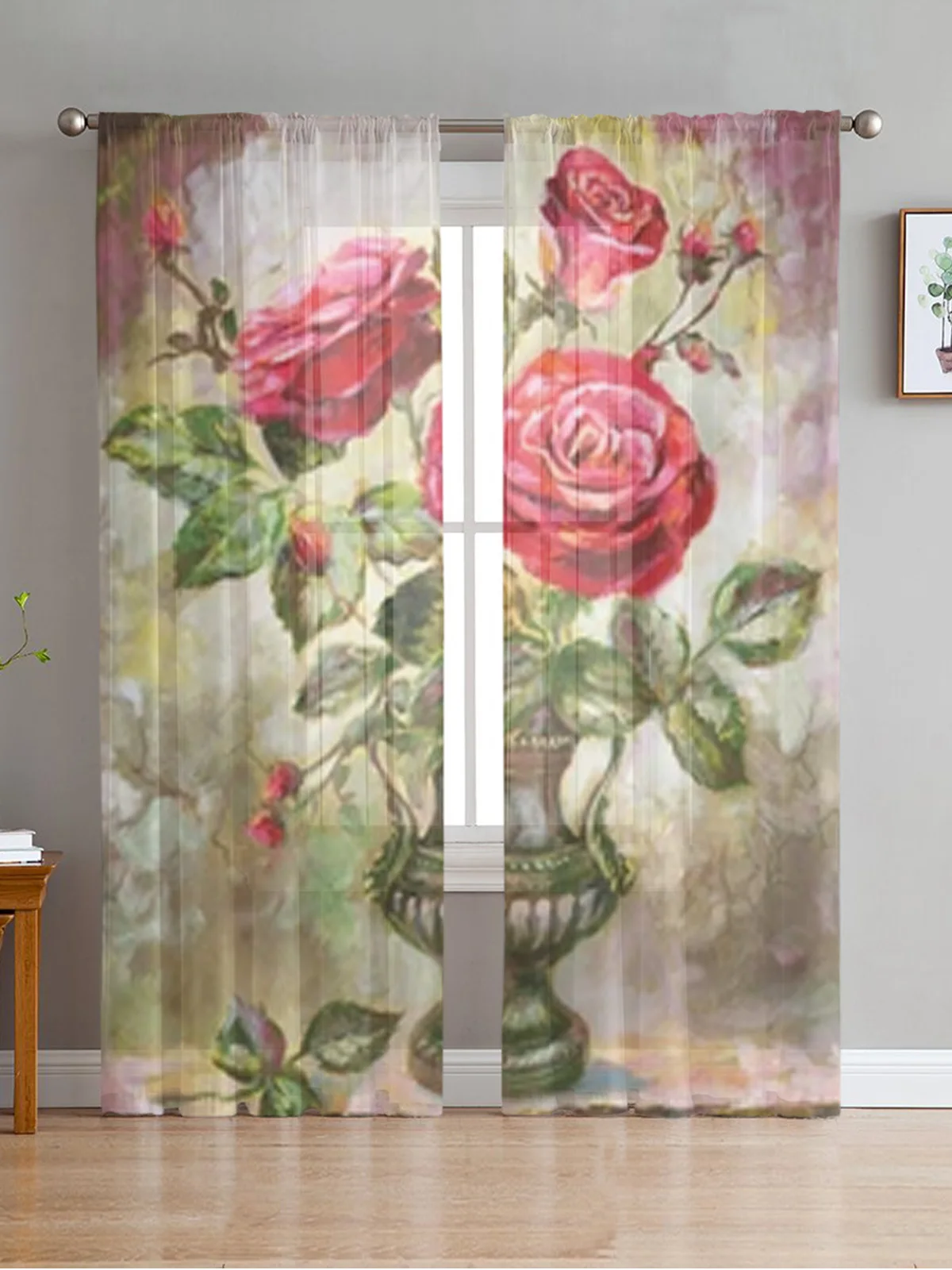 Bouquet Rose With Leaves In Vase Sheer Curtains Bedroom Voile Curtain Living Room Window Sheer Curtains Kitchen Tulle Drapes