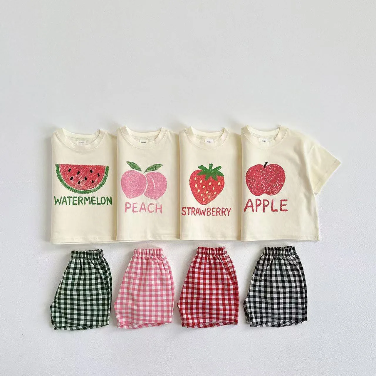 

2025 Summer New Children Short Sleeve Clothes Set Girls Fruit Print T Shirts + Plaid Shorts 2pcs Suit Cotton Toddler Outfits