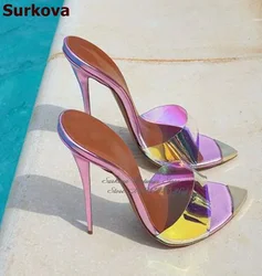 Surkova Pink Hologram Iridescent PVC Steel Tip Toe Slippers Thin High Heels Slip-on Sandals Pointed Toe Transparet Dress Shoes