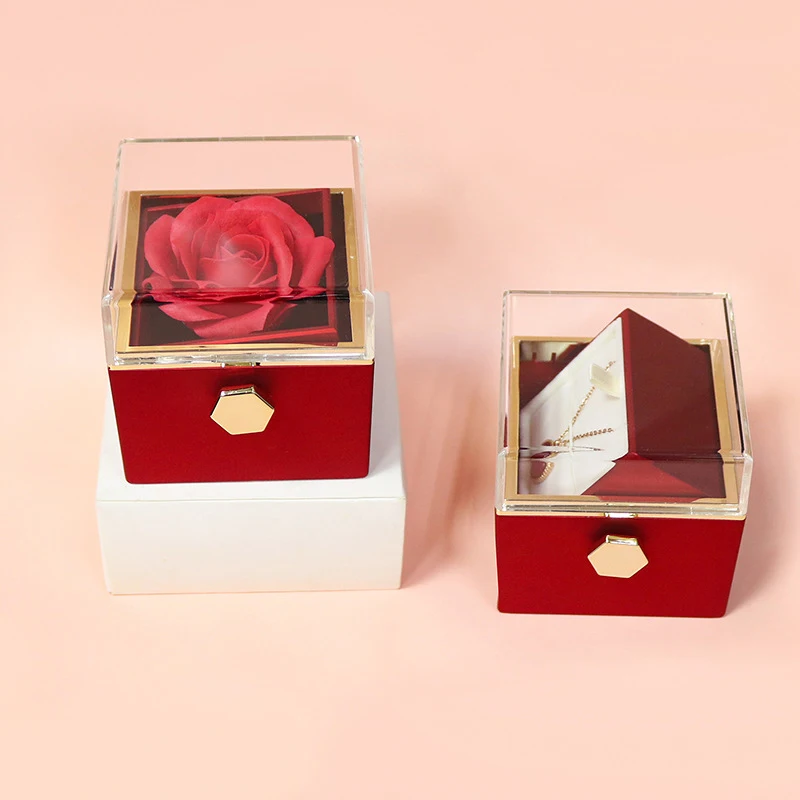 Rotation Rose Jewelry Gift Box Valentine\'s Day Marriage Acrylic Ring Boxes Necklace Storage Rose Jewelry Display Rack