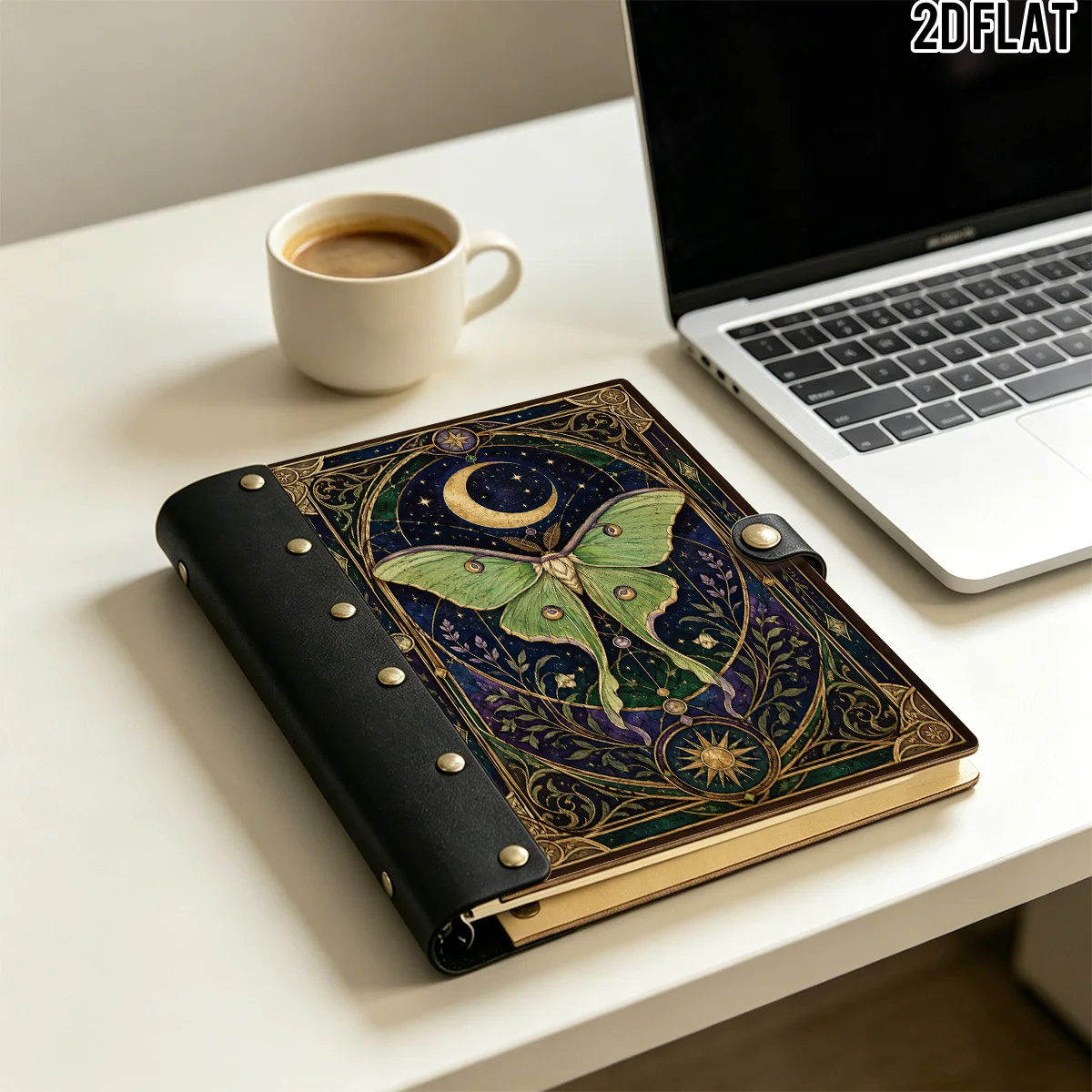 1PC 2DFlat Wooden Notebook, Hardcover Luna Moth Crescent Moon Stained Glass Celestial Print, 100 Pages With Leather Rivet Craft