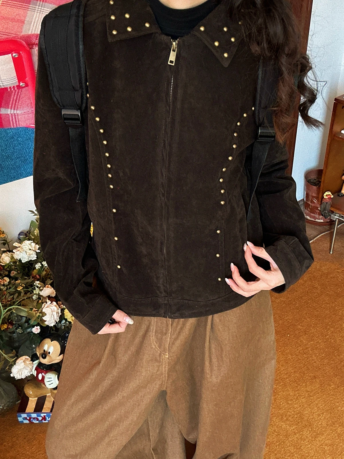 

Retro Sle Suede ort Jaet Women's Rivet Collar Biker Jaet Spring New Sle Versatile Slimming Long Sve Zipper Coat