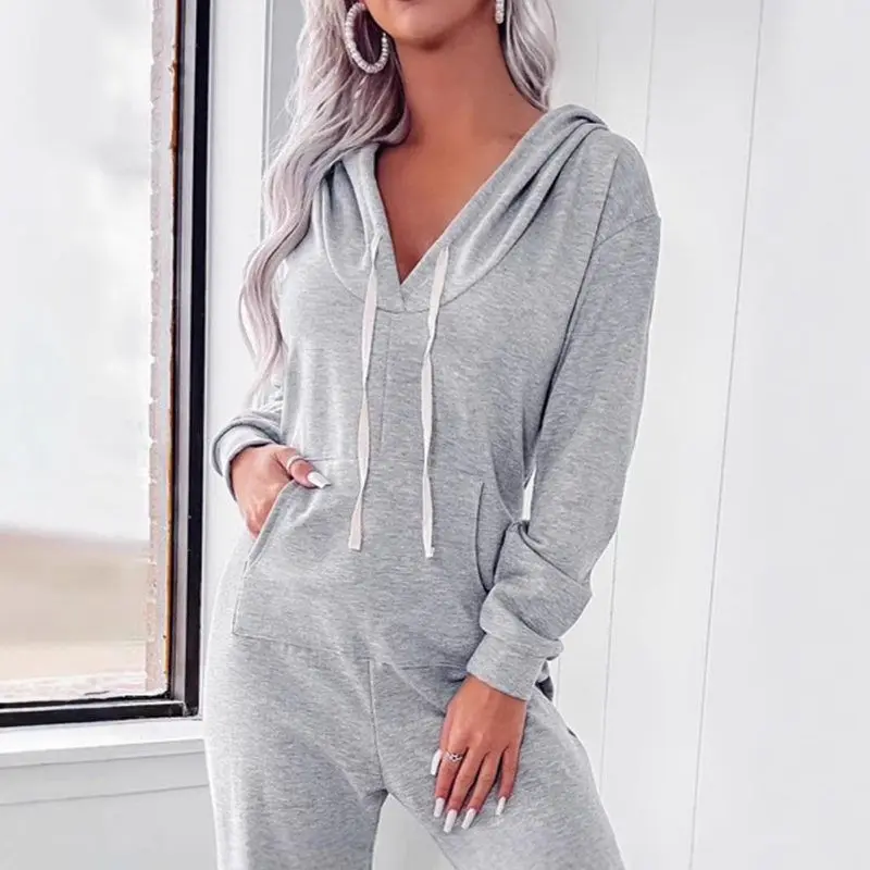 

Чистый цвет V-Ne с капюшоном Dstring ket Толстовка Комбинезон Осень Зима Длинные брюки с низкой талией Женский костюм из лайкры