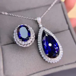 Natural Sapphire Ring Pendant Women's S925 Sterling Silver Exquisite Fashion Party Jewelry Set
