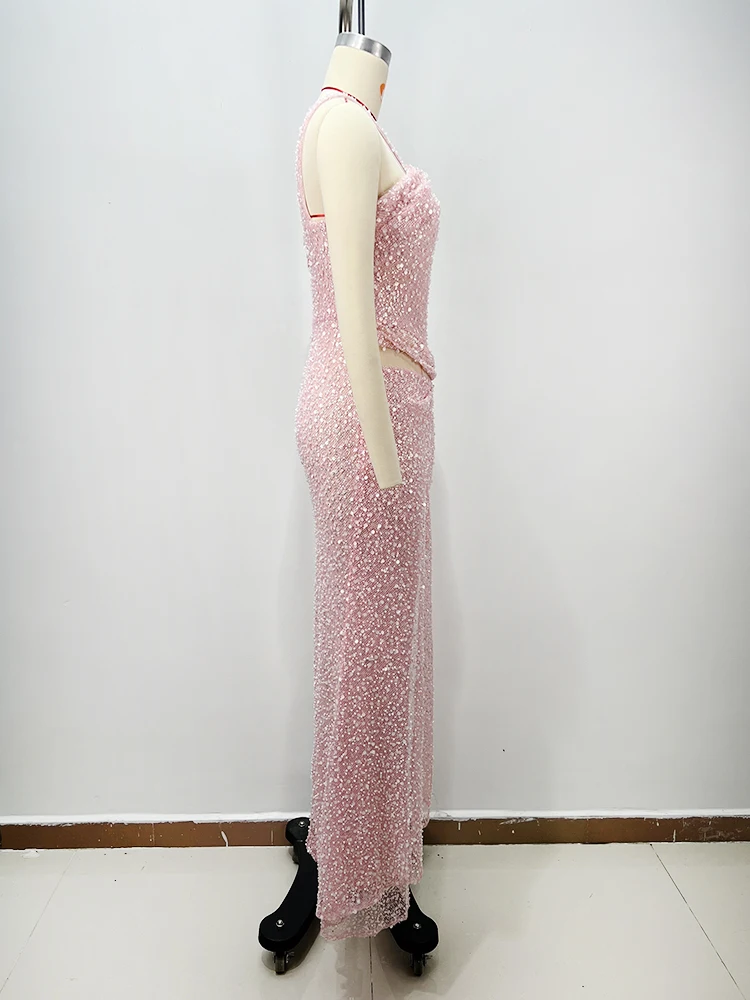 Elegante rosa Pailletten-Abendkleider mit Ausschnitten – One-Shoulder-Kreuzträger-Formelles Kleid für Damen 2025, neu, Vestido De Noite