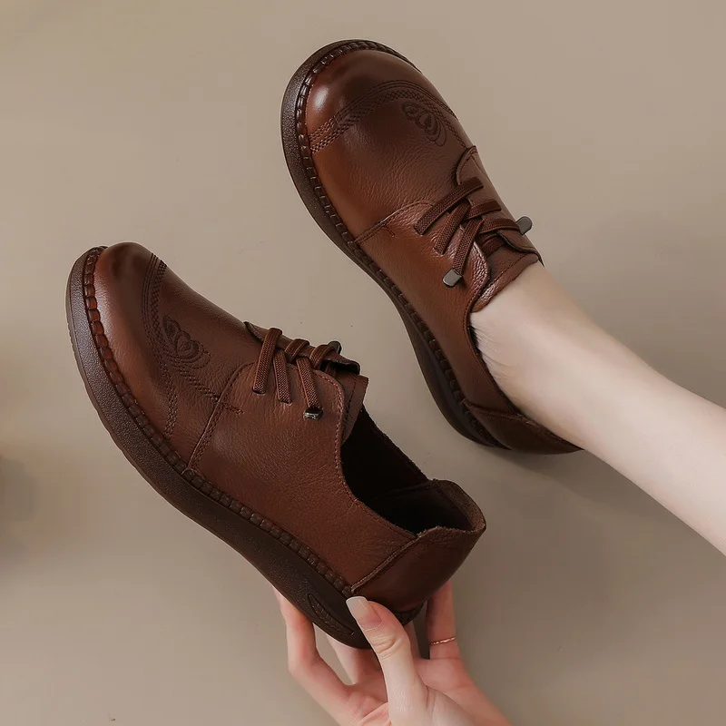 Comfort Elderly Oxfords Flats Women Real Leather Shoes Woman Simple Embossed Soft Loafers Mom Moccasins Non Tired Walking Flats