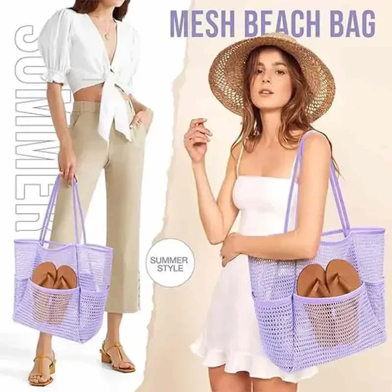 TOUB-045 Bolsos de mano de playa para mujer, grandes bolsas de viaje de malla plegables para piscina