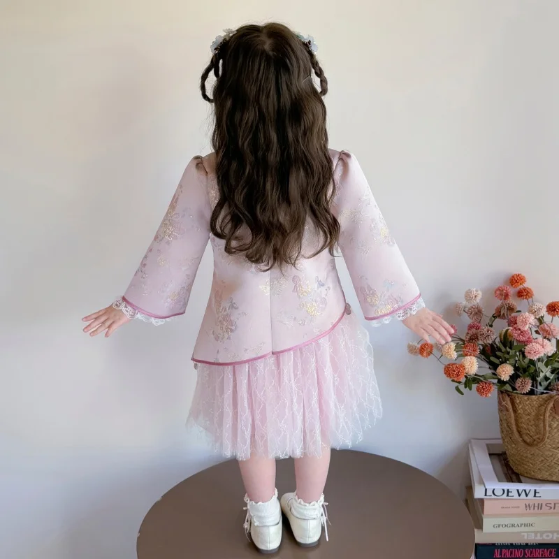 New 2026 Spring Autumn 2-10 Years Kids Tangsuit Chinese Style Baby Lace Patchwork Princess Long Sleeve Hanfu Dress For Girls