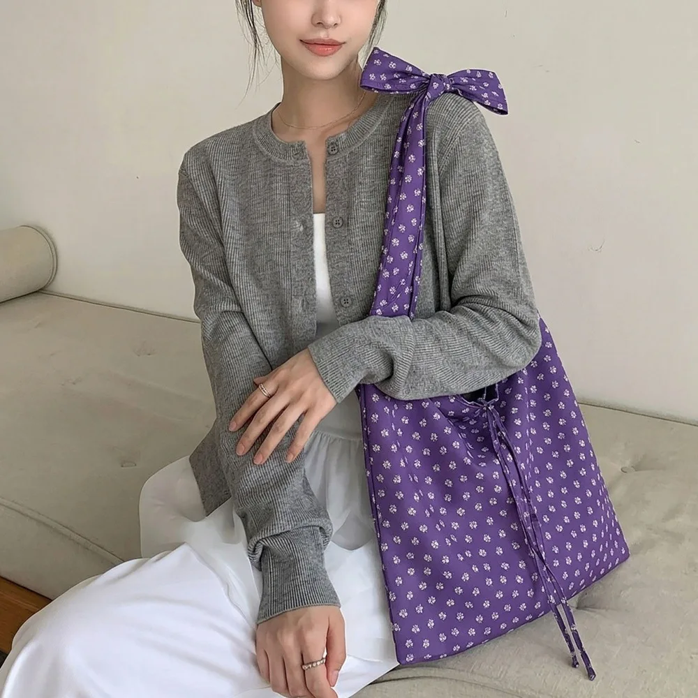 

Women Lazy Style Floral Tie Detail Tote Bag, Large Capacity Canvas Shoulder Bag Casual Daily Commute School Shopping Bag