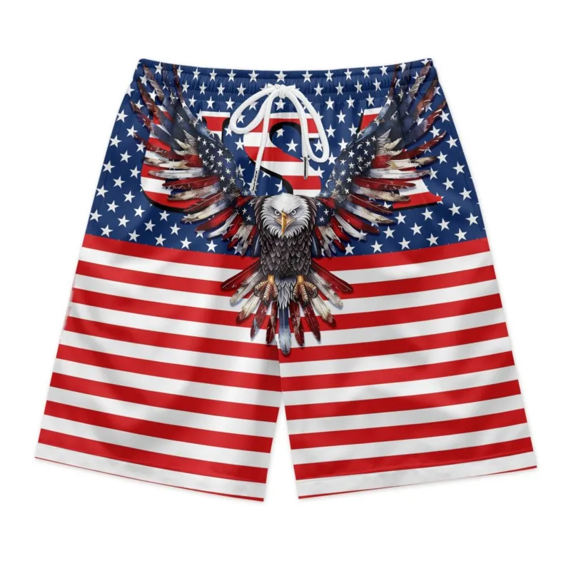 Flag Eagle Print Men's Drawstring Waist Shorts Polyester Beach Shorts Quick Dry Breathable Casual Sport Shorts