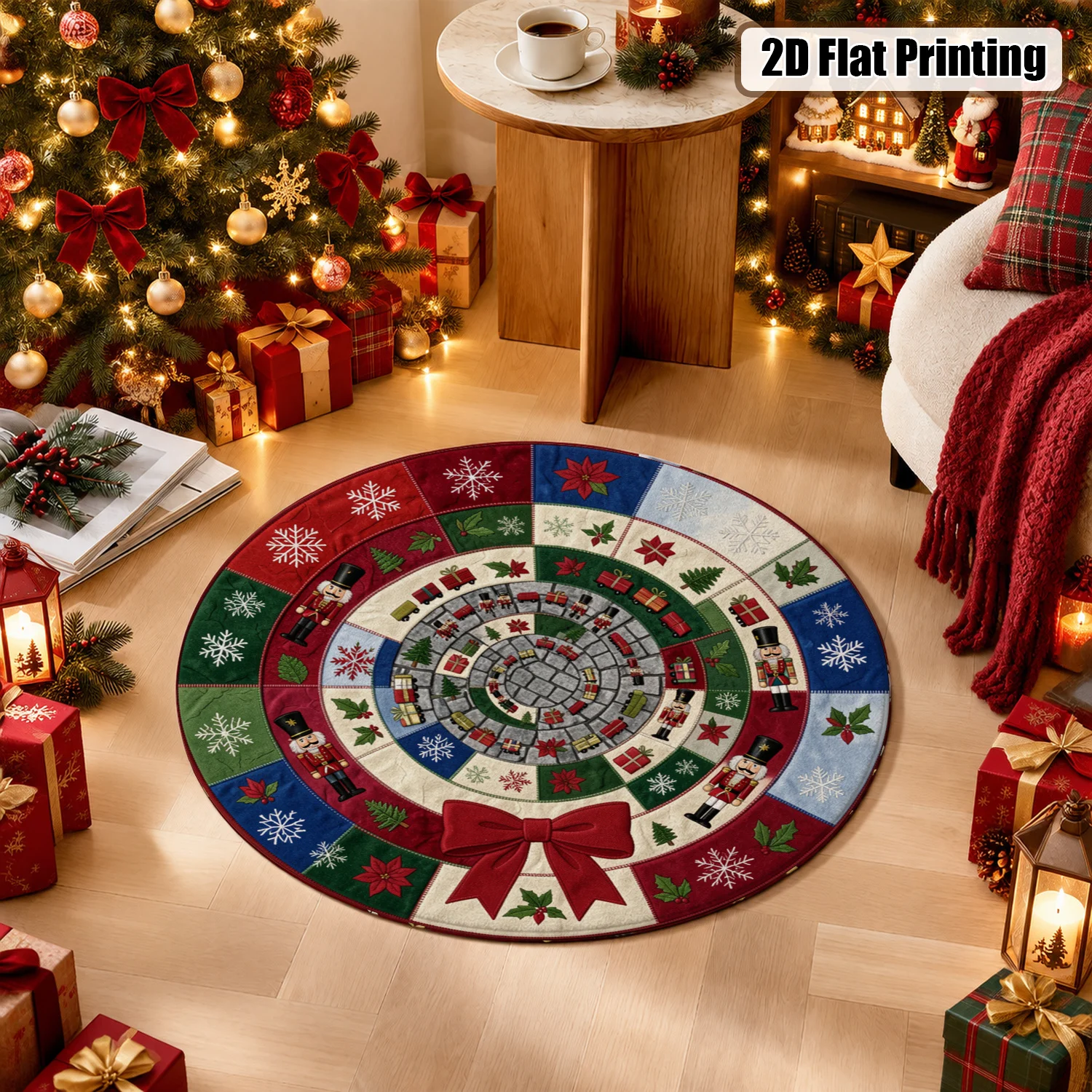 Nutcracker Snowflake Poinsettia Gift Train Pattern Velvet Round Christmas Tree Skirt Machine Washable for Living Room Holiday Display Dining Area Halloween Thanksgiving Black Friday Christmas New Year