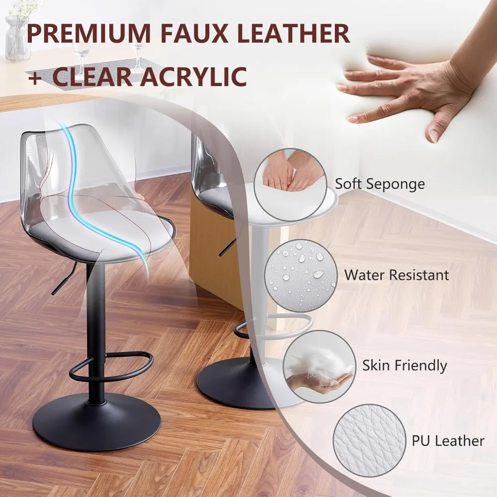 مجموعة مقاعد بار شفافة مكونة من 2، مقاعد بار أكريليك دوارة قابلة للتعديل بارتفاع عداد مع منجد من جلد البولي يوريثان، مقاعد بار بدون ذراع