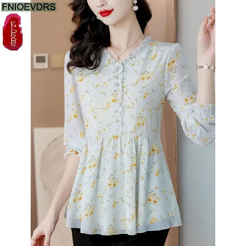 Retro Vintage Purple Ruffles Peplum Tops New Design Women 2024 Autumn Long Sleeve Floral Print Belly Tunic Button Shirts Blouses