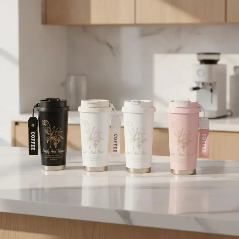 500ML Stainless Steel Insulated Coffee Mug Portable Thermal Cup Travel Mug with Handle Women Coffee Cold&Hot Cup Vacuum Flask