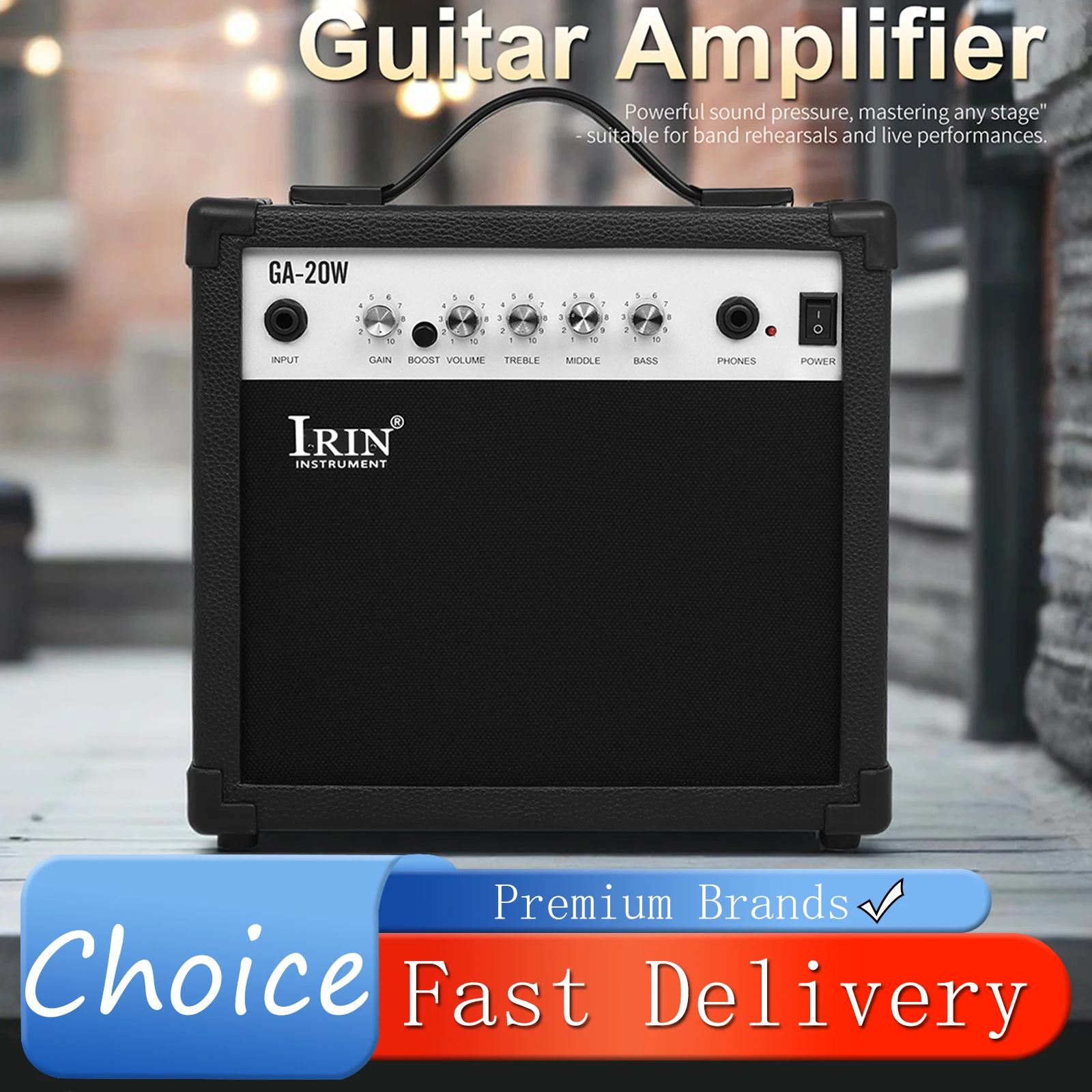 IRIN GA-20W 20W Electric Guitar Amplifier Portable Practice Guitar Amp with Gain Boost Treble Middle Bass Control EU Plug