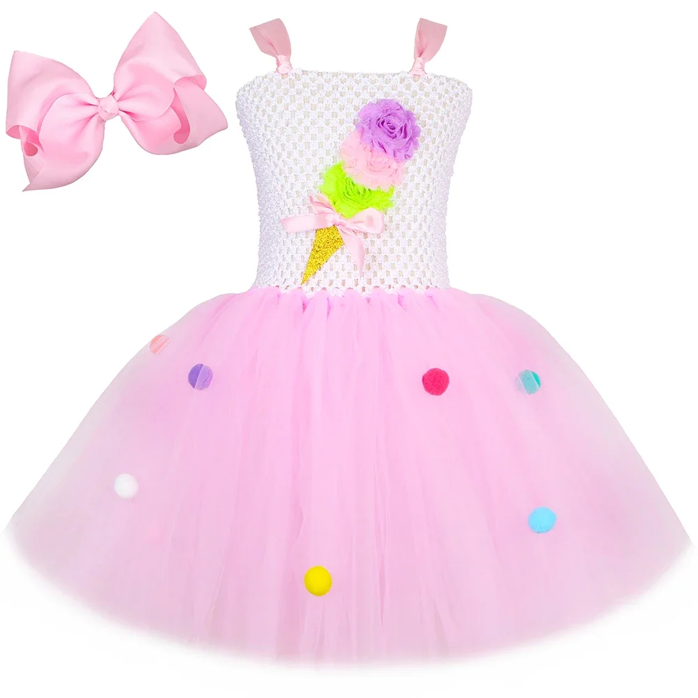 Cupcake Ice Cream Costume Kids Sweet Pink Tutu Princess Dress for Girls Toddler Halloween Holiday Birthday Party Tulle Dresses