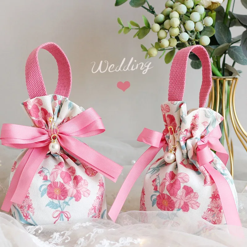 Bolsa de Regalo Floral Rosa Romántica para Boda, Bolsa de Mano con Cordón y Detalle de Perla para Recuerdos de Invitados de Fiesta de Bodas