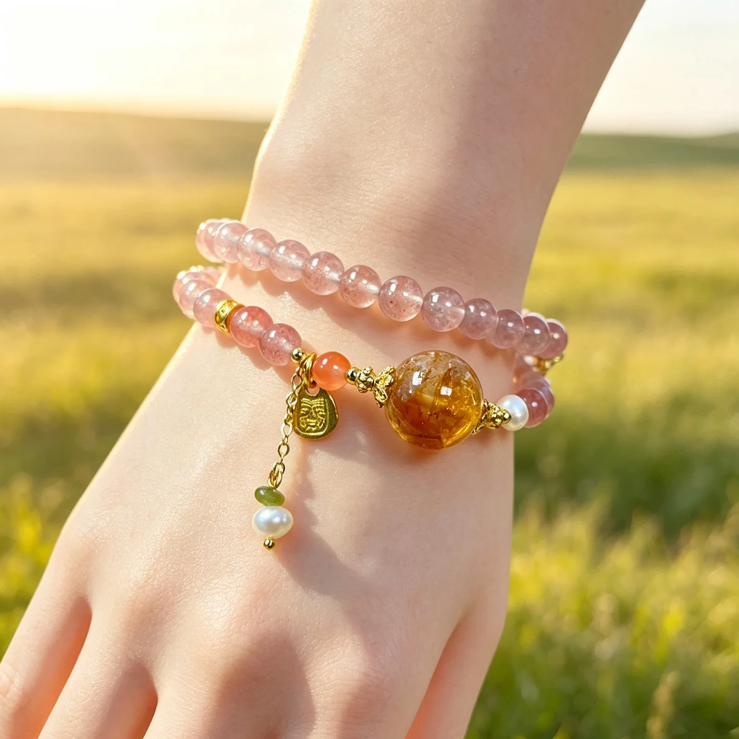 Chinese Style Lucky Natural Strawberry Quartz Double Layer Bracelet Yellow Crystal Freshwater Pearl Women Blessing Wealth Attrac