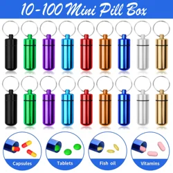 10-100Pcs Waterproof Aluminum Pill Holders Storage Metal Pill Container Keychain for Outdoor Camping Travelling