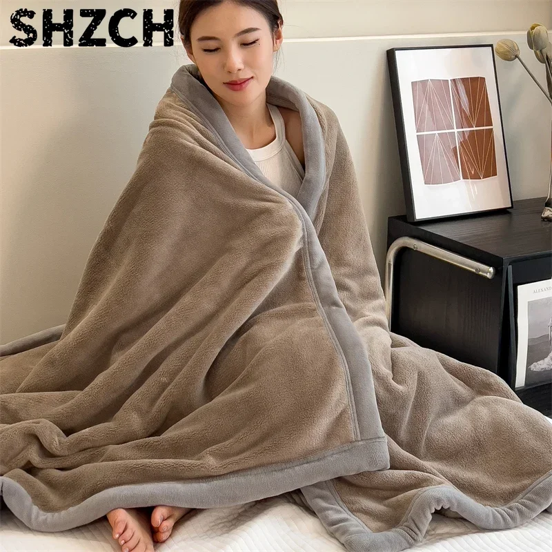 Double Layer Solid Color Milk Velvet Blanket Autumn Winter Thicken Warm Plush Blanket for Bed Sofa Single Double Thick Bed Sheet