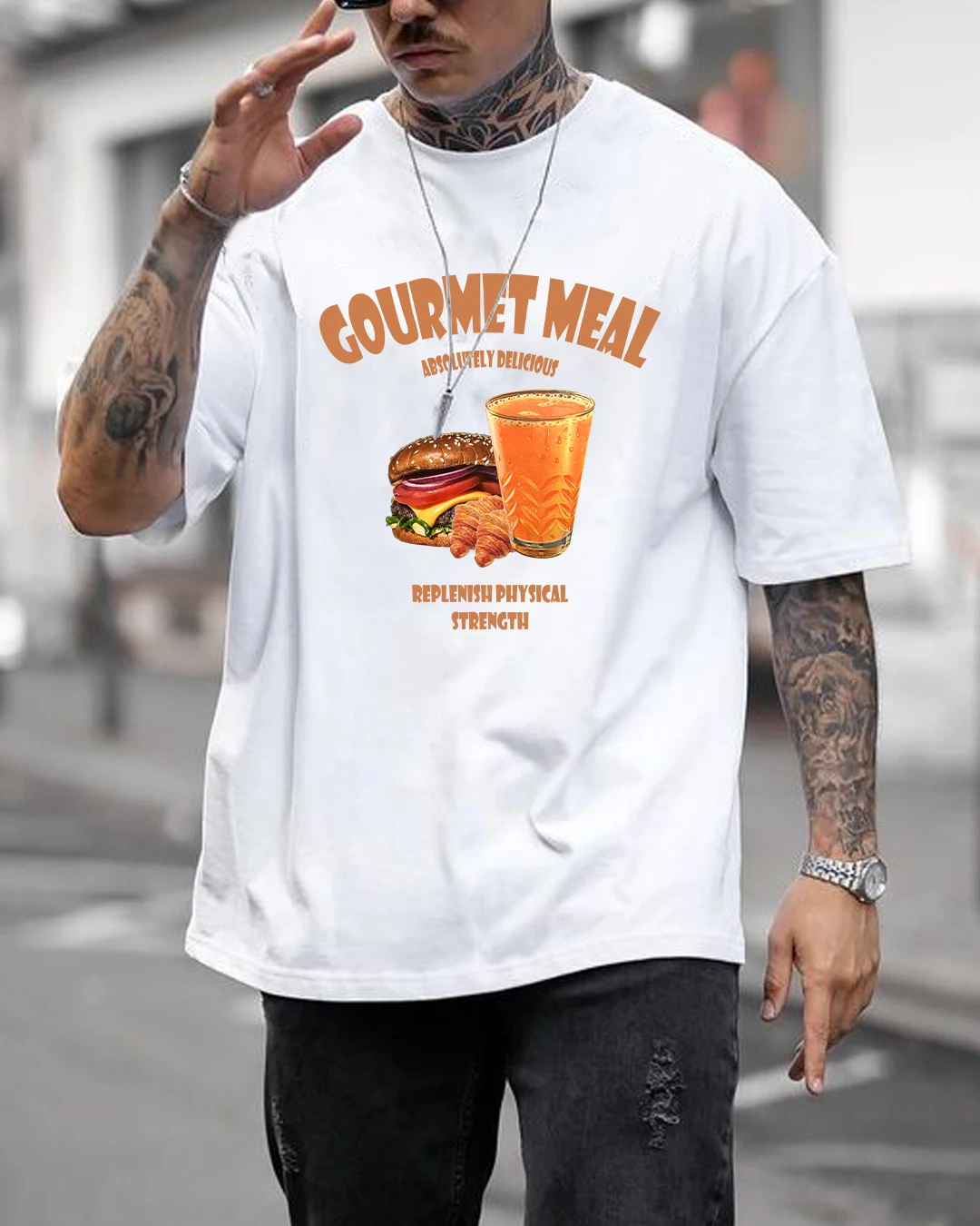 Men Oversized T Shirt Gourmet Meal Burger Juice Croissant Print Crew Neck Short Sleeve Casual Street Loose Tee